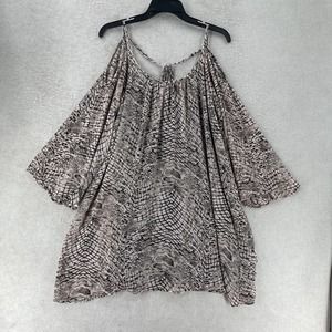 UMGEE Cold Shoulder Top Women LARGE Black Gray Bell Sleeves Peasant Boho Reptile